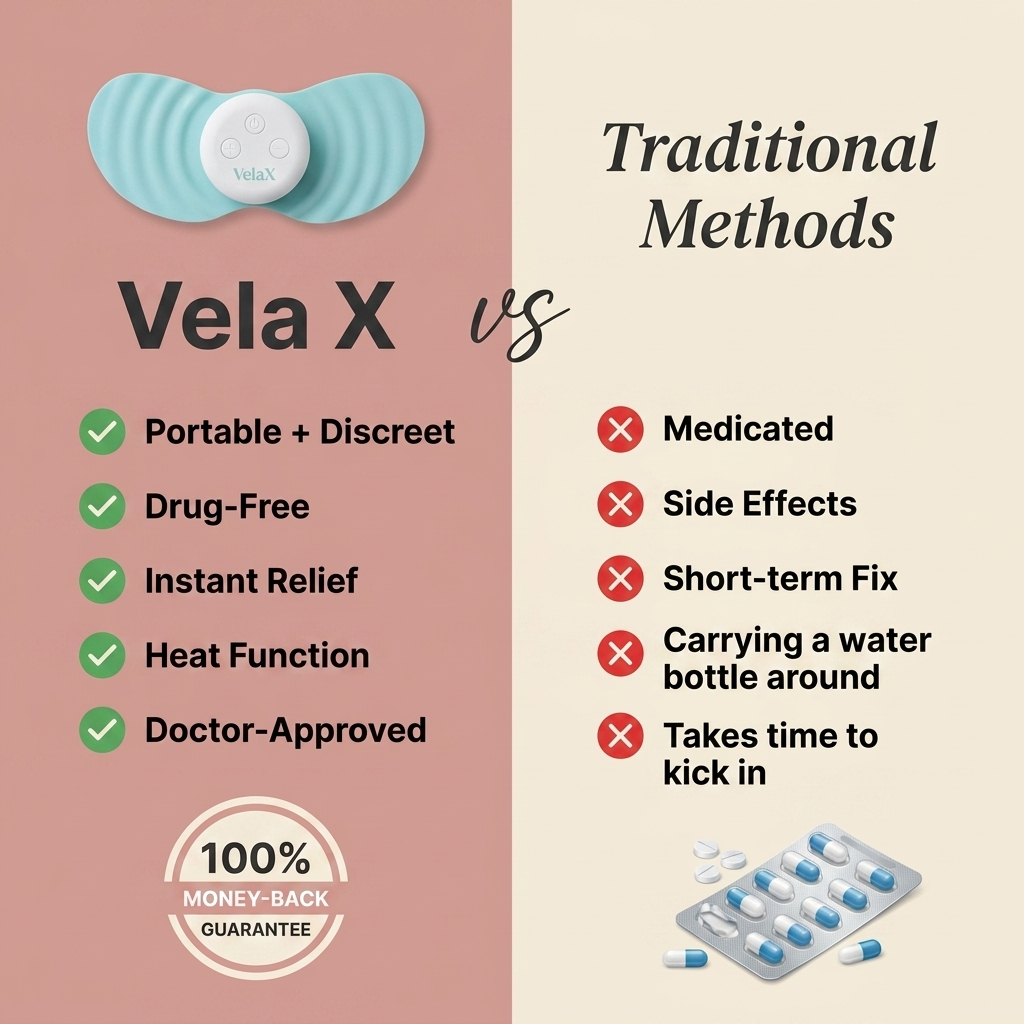 Vela X vs Traditional Methods: portable, drug-free, instant relief, heat function, doctor-approved — better than pills and water bottles