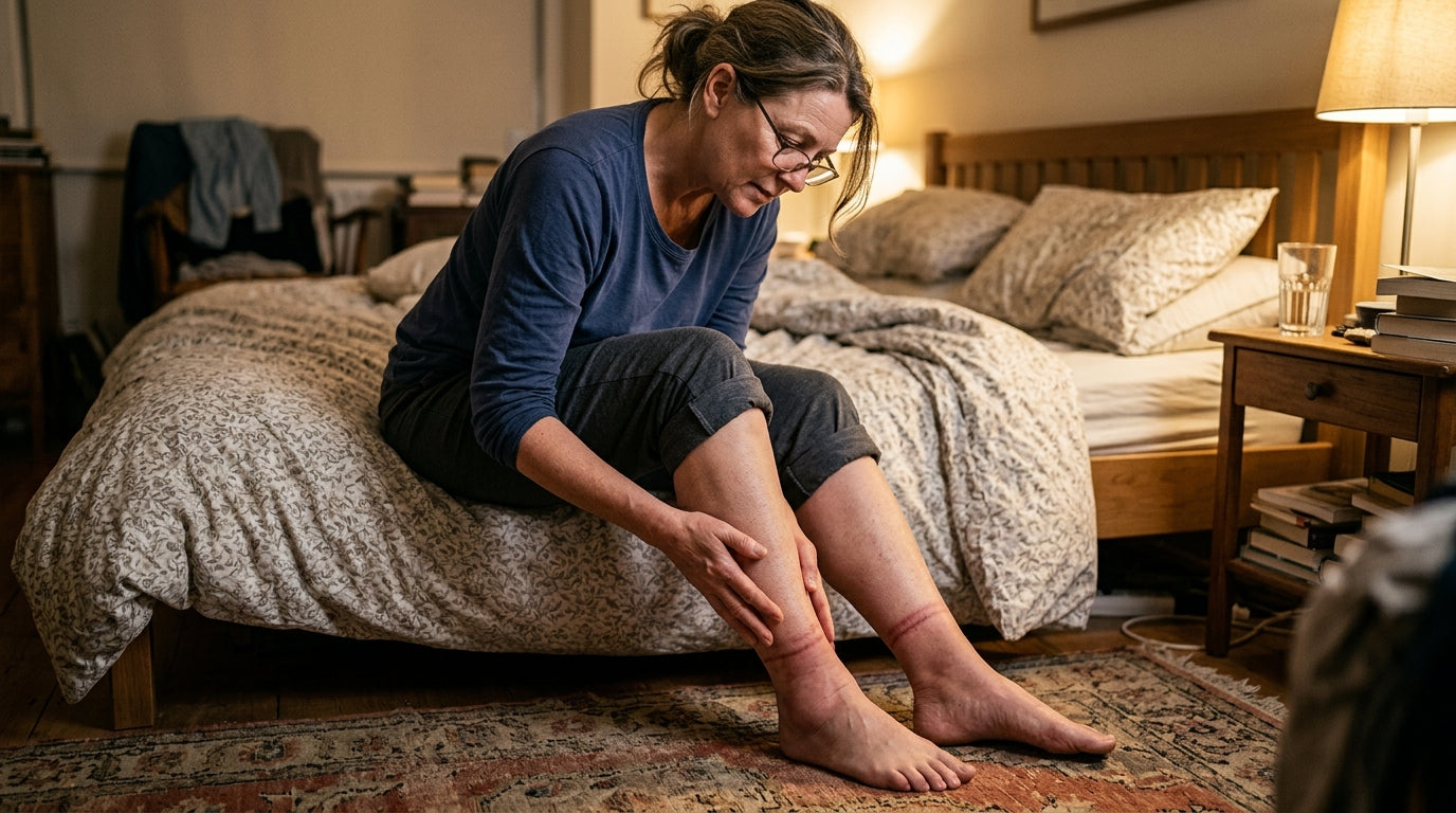 Woman rubbing her heavy calf at the end of the day with sock marks on her ankle
