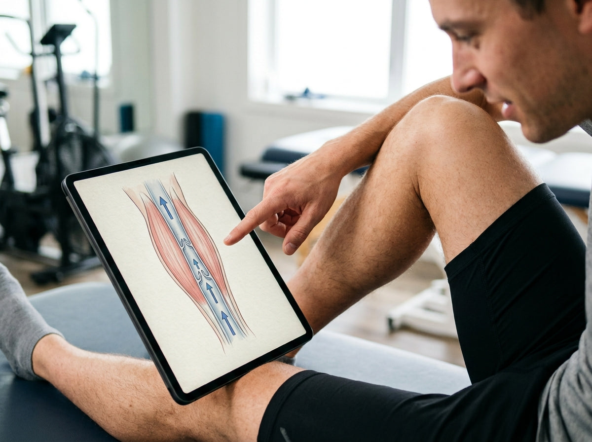 Diagram of the calf muscle pump pushing fluid up the leg through one-way valves