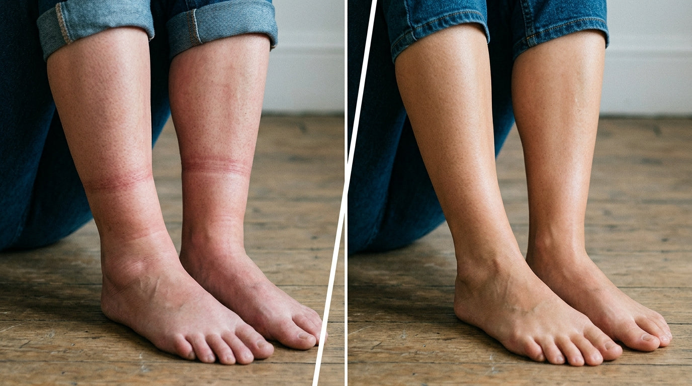 Before and after: heavy swollen legs with sock marks versus light comfortable legs