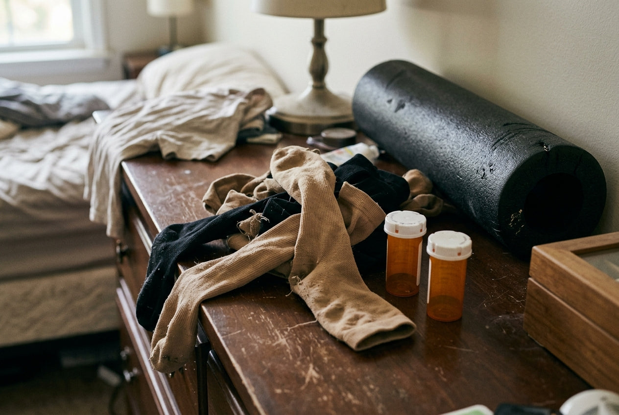 A pile of worn compression socks, pill bottles and a foam roller
