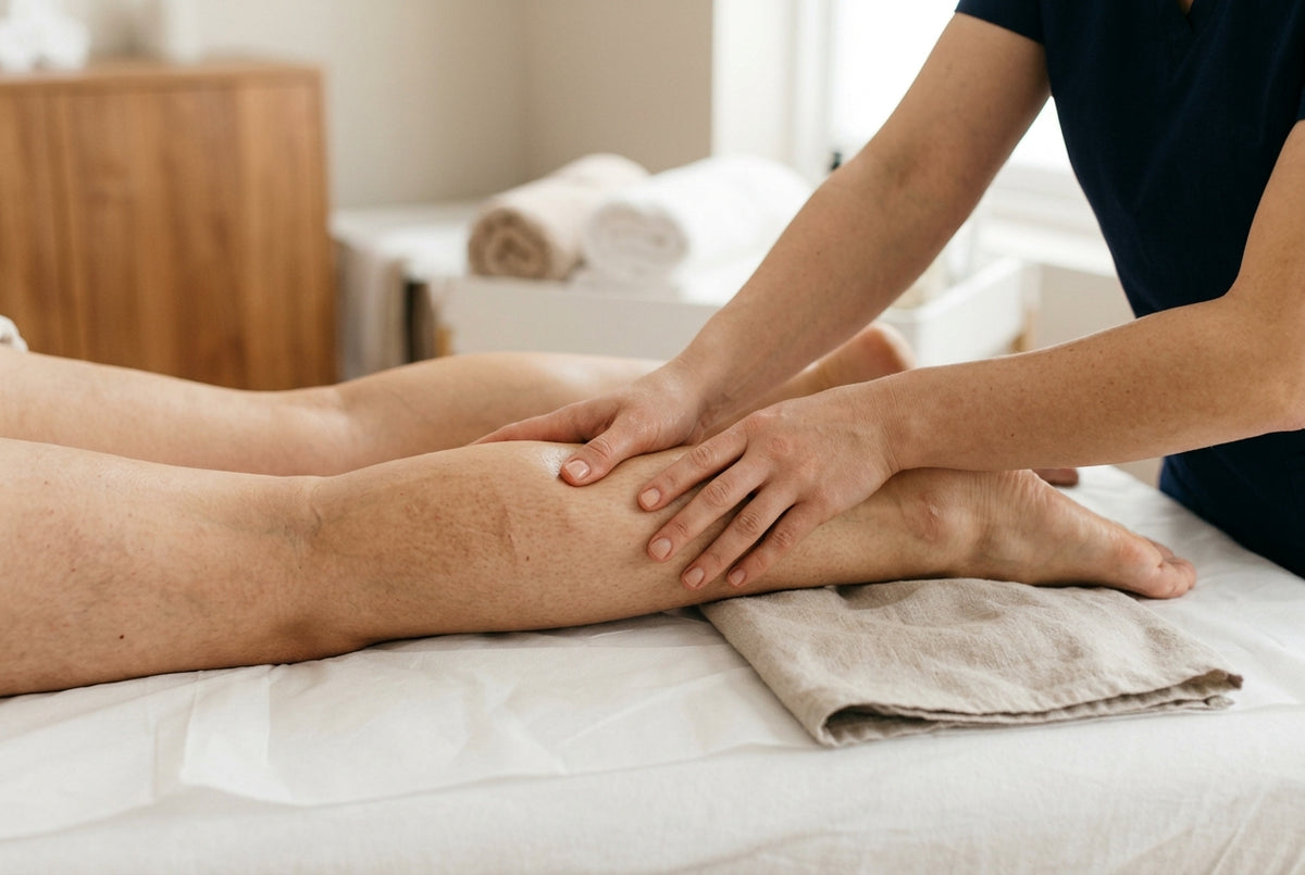 A therapist performing lymphatic massage on a client's leg in a clinic