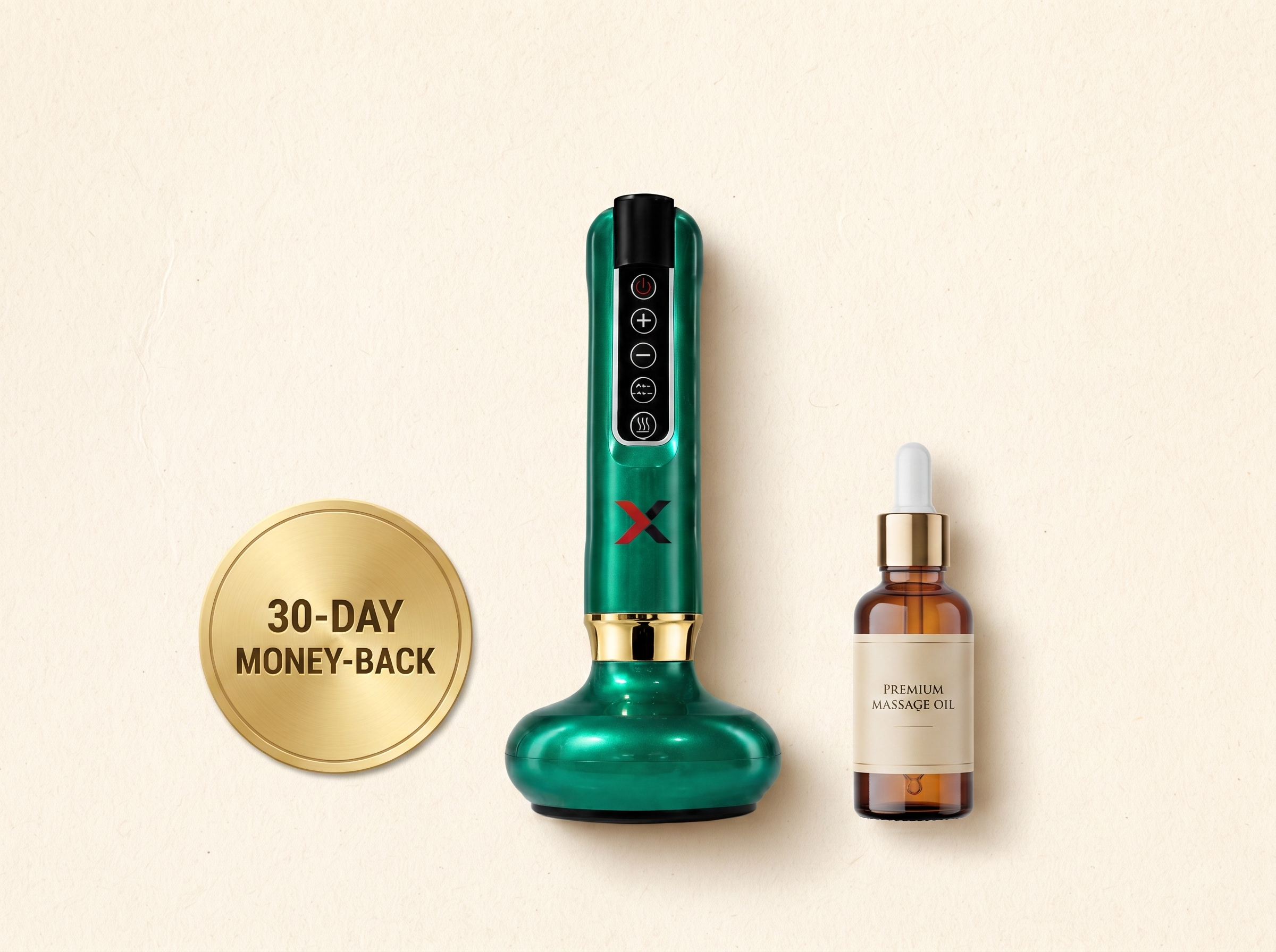 FlowLift device with massage oil and a 30-day money-back badge