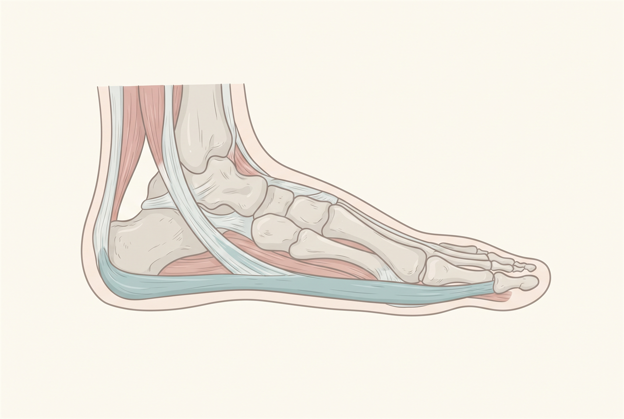 Cross-section illustration of the foot showing the tough sheet of tissue along the sole