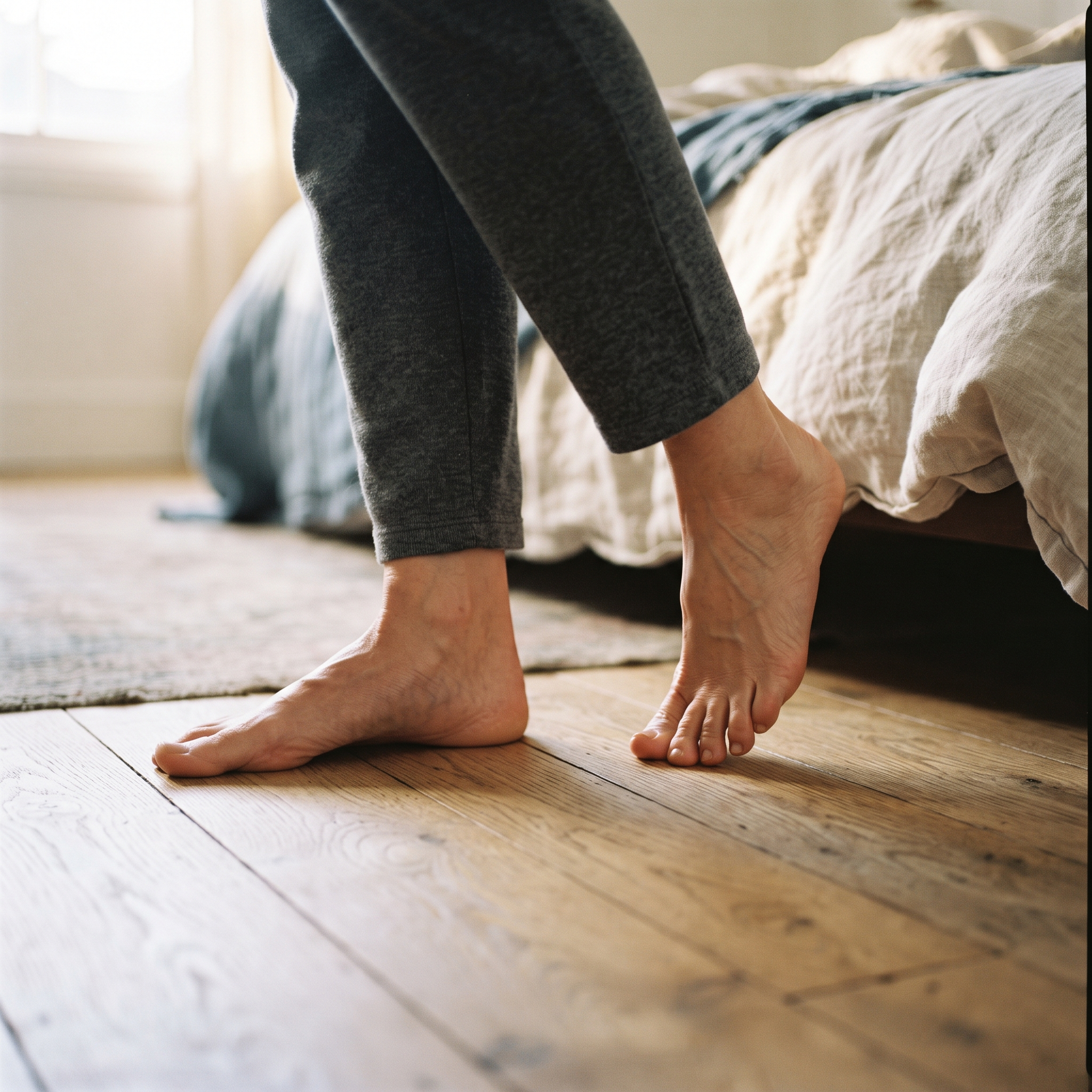 Bare feet stepping onto the bedroom floor in the morning