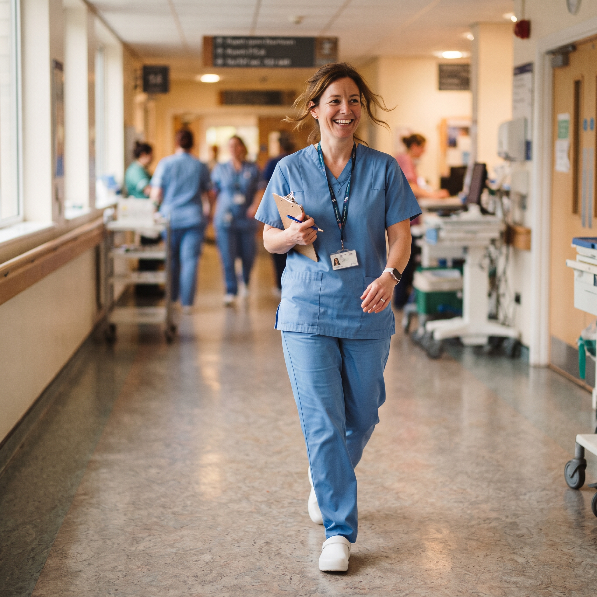 A nurse moving comfortably through a hospital corridor