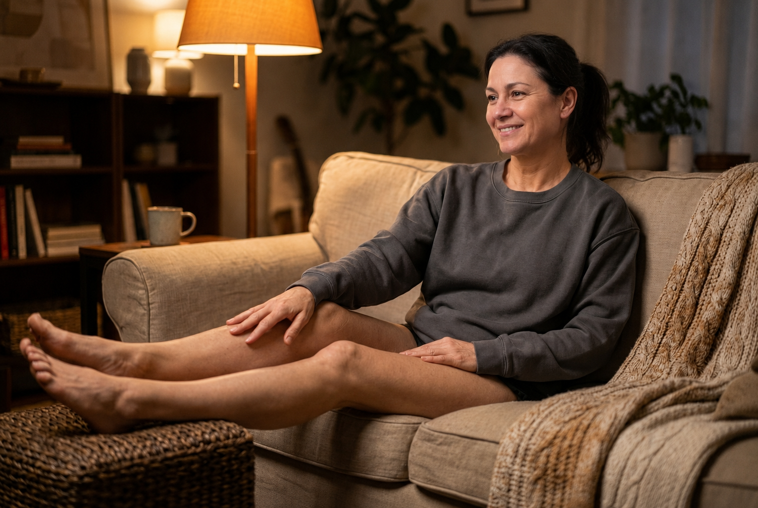 A woman relaxing with her legs up in the evening