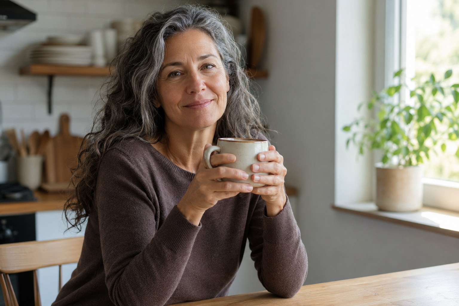 A woman in her early 50s at a bright kitchen table in morning light, holding a coffee mug in both hands, calm and rested