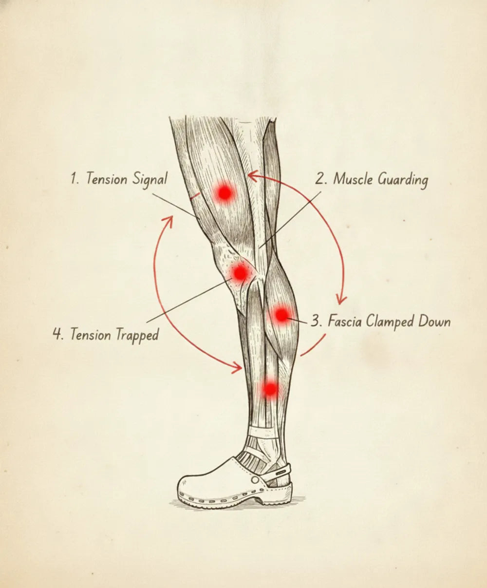 The 4-Point Calf Lock diagram: tension signal, muscle guarding, fascia clamped down, and tension trapped, joined in a closed loop