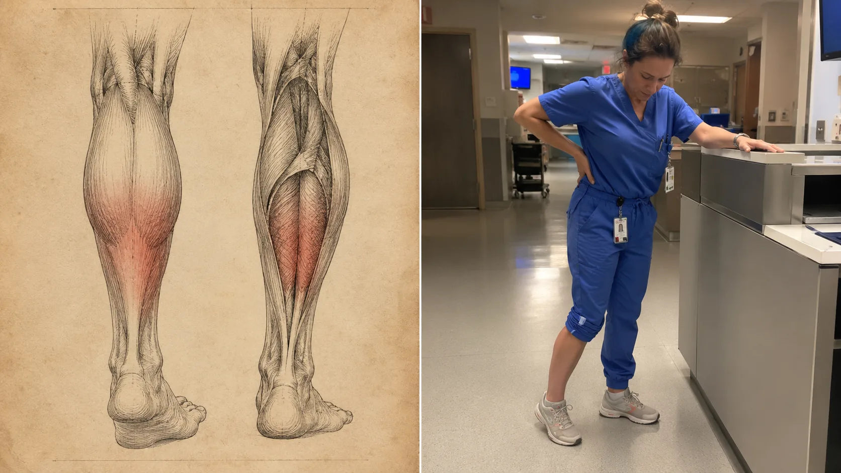 Tired stand-all-day worker mid-shift with calf anatomy