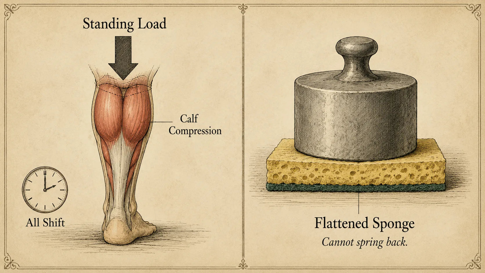Calf muscle compressed like a flattened sponge