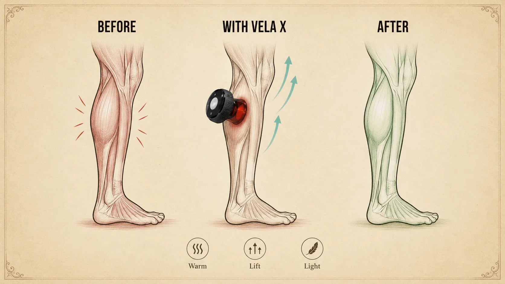 Before, with Vela X, and after: calf lifted open