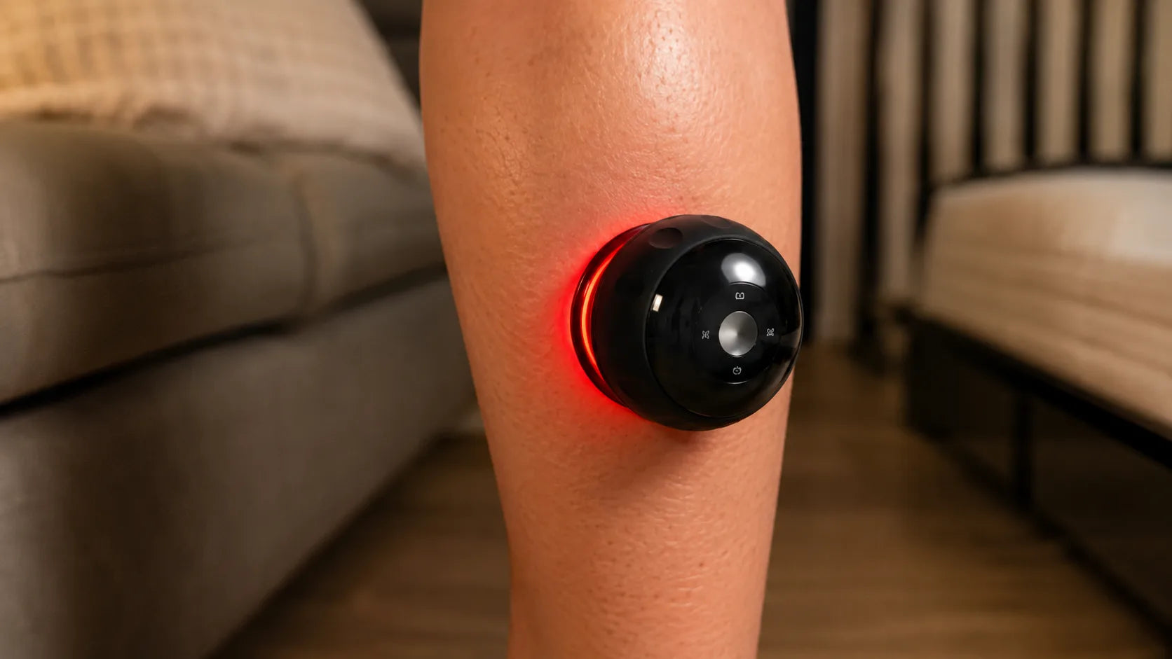 Vela X cup glowing red on a bare calf