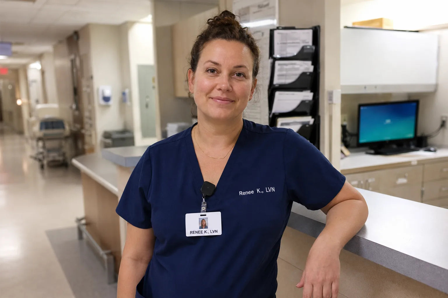 Renee K., LVN, at the nurses station