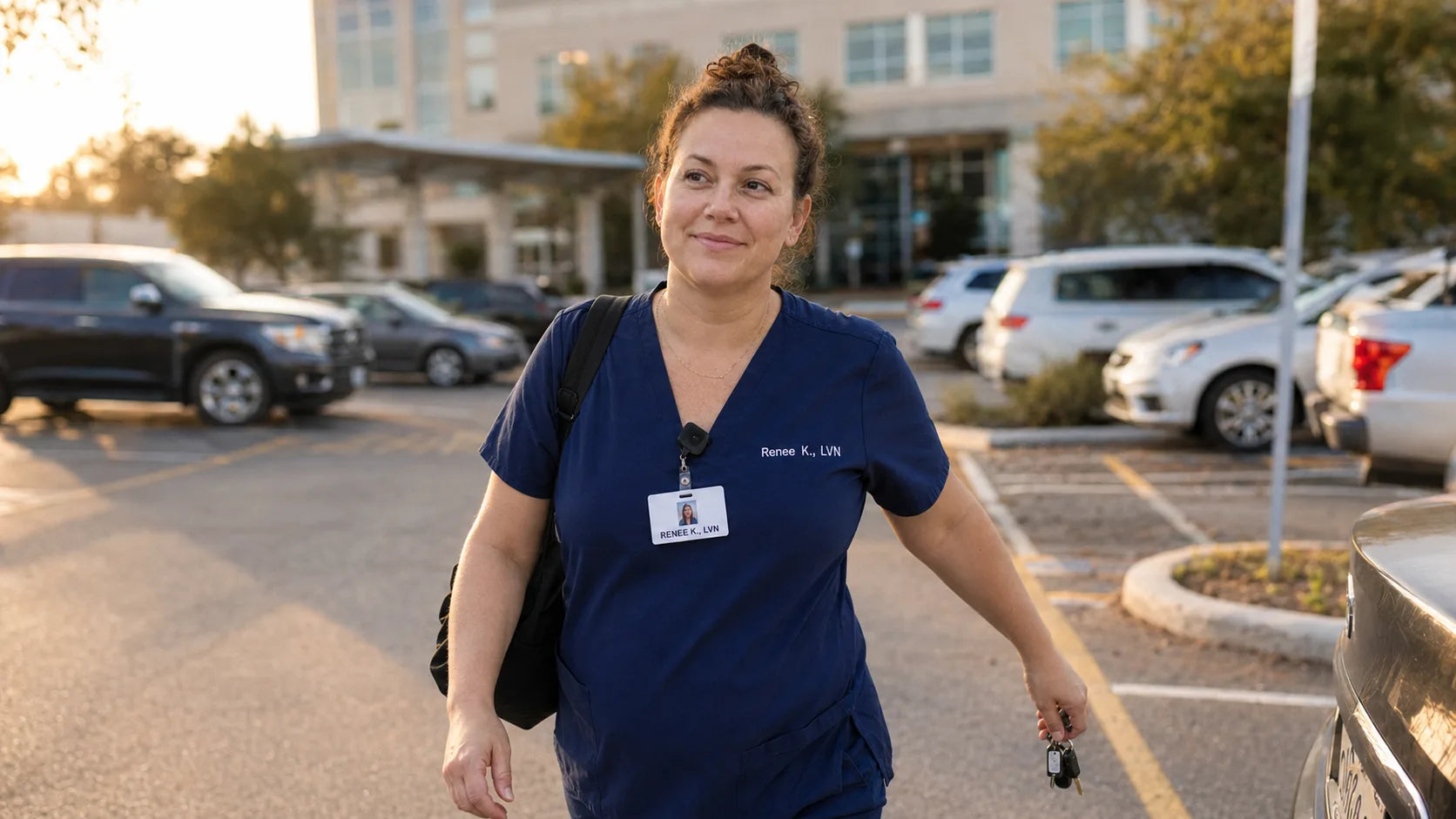 Renee walking to her car after a shift, relaxed