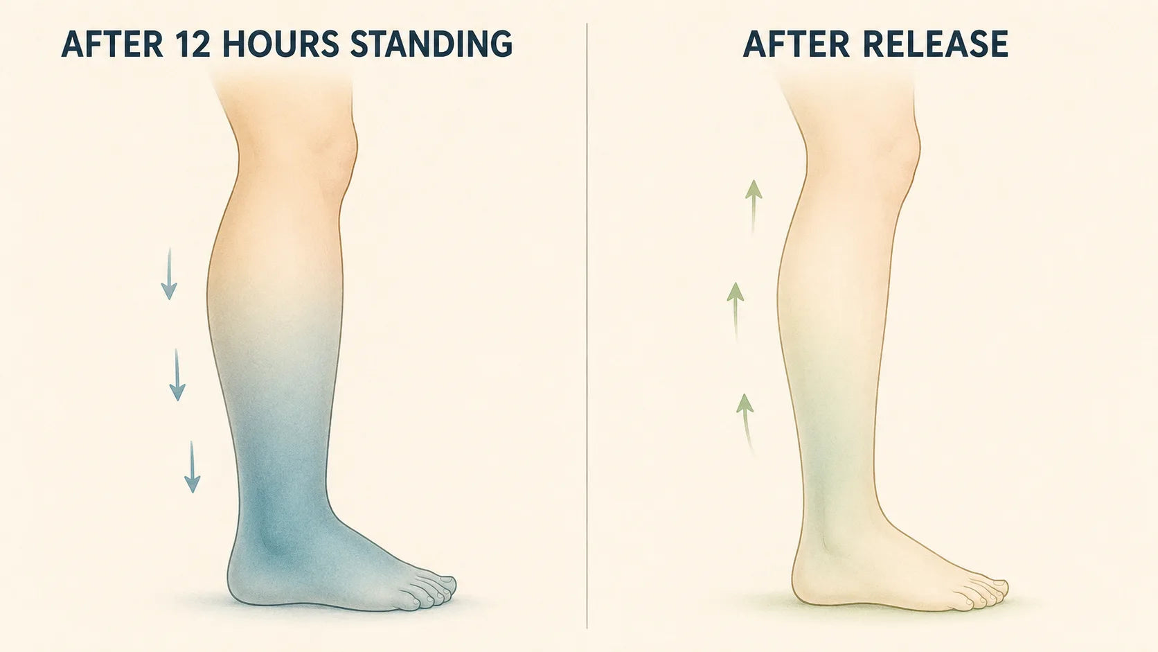 Diagram: pooled, heavy calf after 12 hours standing vs. drained, light leg after release