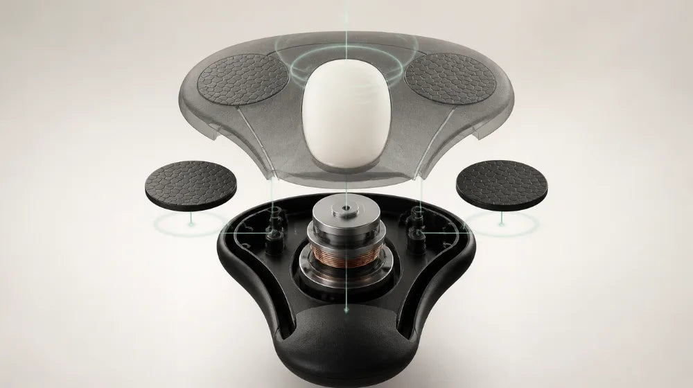 Exploded technical view of the VelaX device: translucent silicone shell above, two textured support pads separated outward, and the low-frequency drive revealed in the base