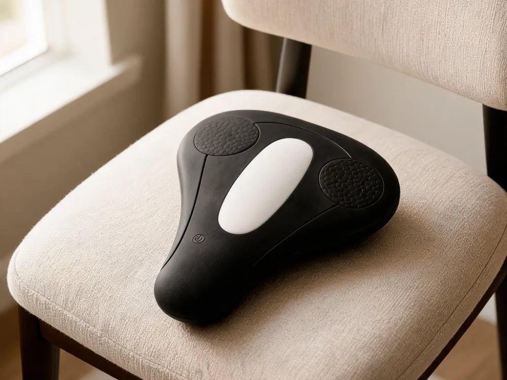 The device resting on the seat of an upholstered chair by a window