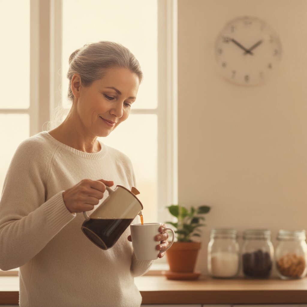 A woman around 50 pouring coffee in soft morning light, looking rested after a full night's sleep