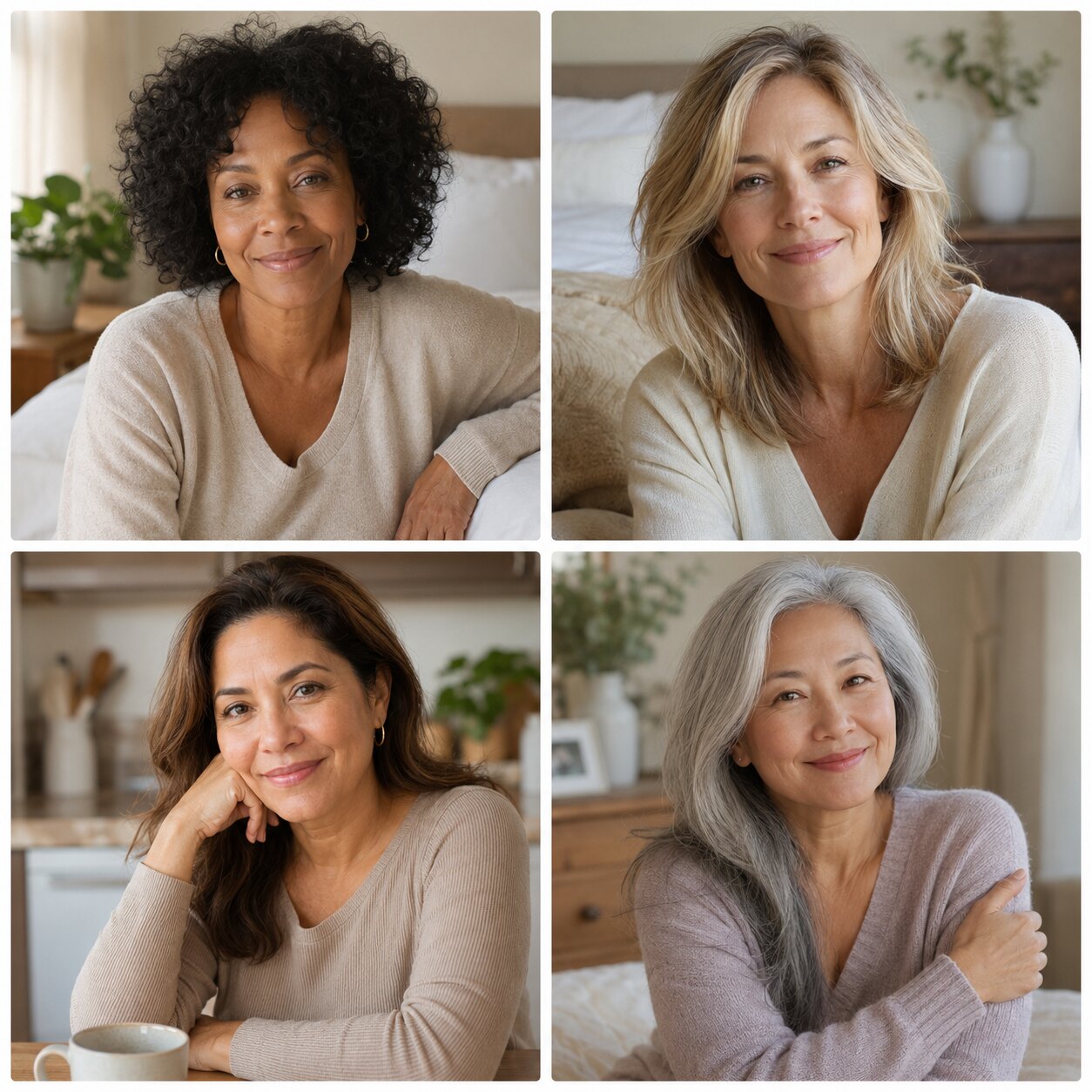 A grid of four different women aged 48 to 54, relaxed and rested in soft morning light