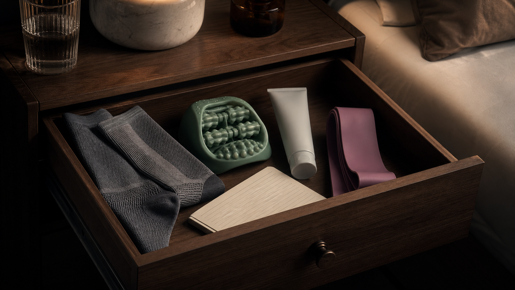 Bedside drawer with common heavy leg fixes