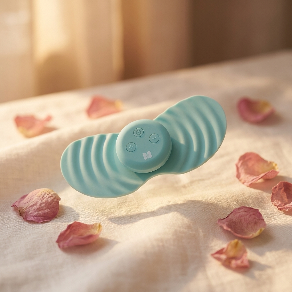 Vela X CycleEase mint blue period pain relief device with butterfly TENS pads on cream linen — wireless drug-free menstrual cramp therapy