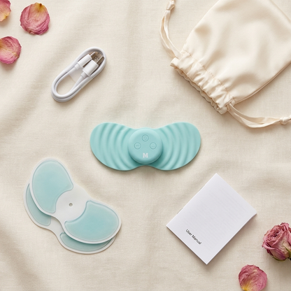 Vela X CycleEase kit contents flat-lay: device, butterfly gel pads, USB-C cable, storage pouch, manual — complete period pain relief set