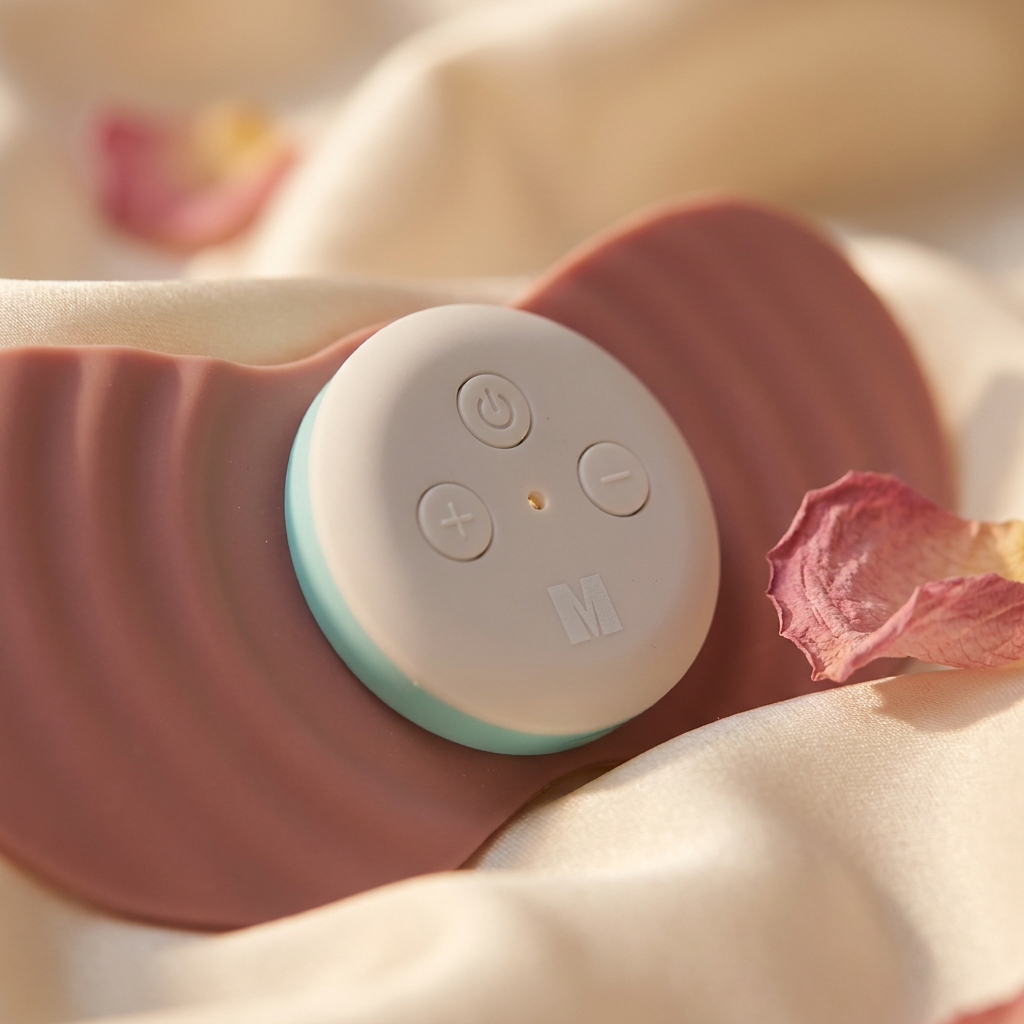 Vela X CycleEase wireless TENS controller close-up macro — 30 intensity levels for personalized period pain relief