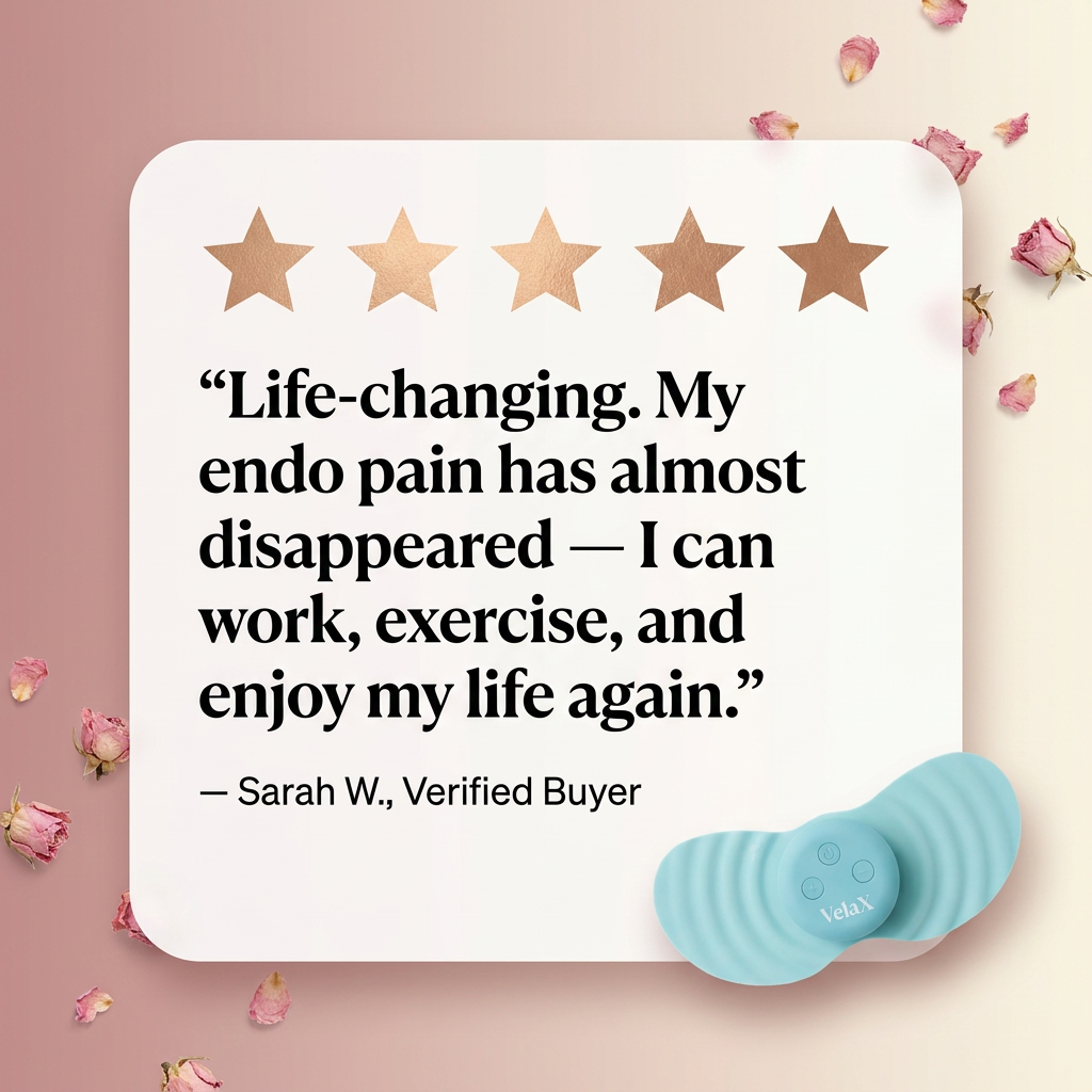 ‘Life-changing. My endo pain has almost disappeared’ — Sarah W. 5-star testimonial for Vela X CycleEase period pain relief device