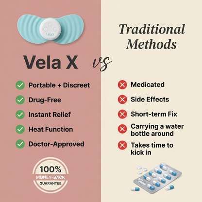 Vela X vs Traditional Methods: portable, drug-free, instant relief, heat function, doctor-approved — better than pills and water bottles