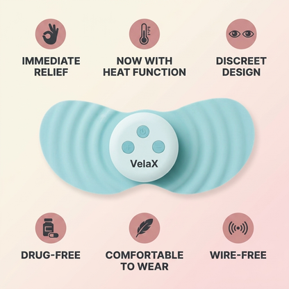 Vela X CycleEase benefits: immediate relief, heat function, discreet design, drug-free, comfortable to wear, wire-free — TENS therapy infographic