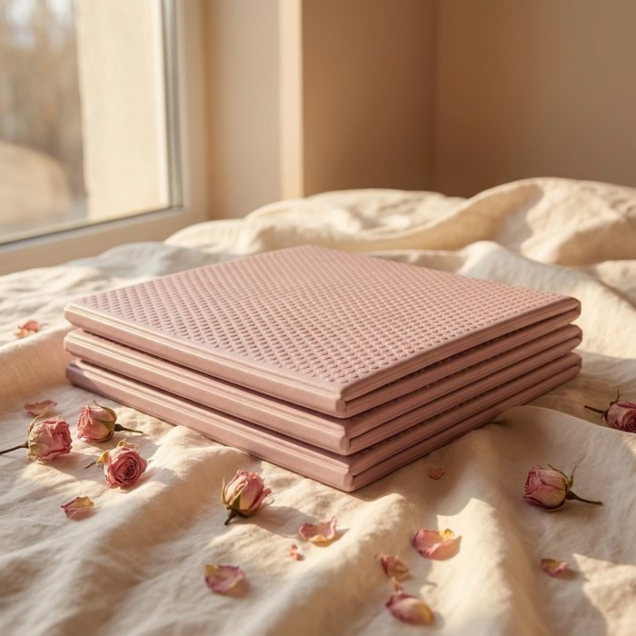 Vela X FlowFold foldable travel yoga mat folded flat on cream linen with rose petals — folds to a compact square