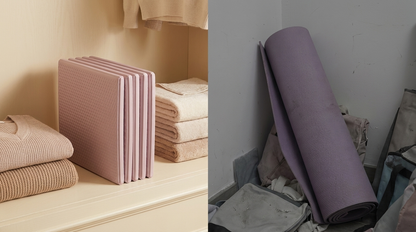 Vela X FlowFold folded flat on a shelf vs bulky traditional rolled yoga mat — compact storage comparison