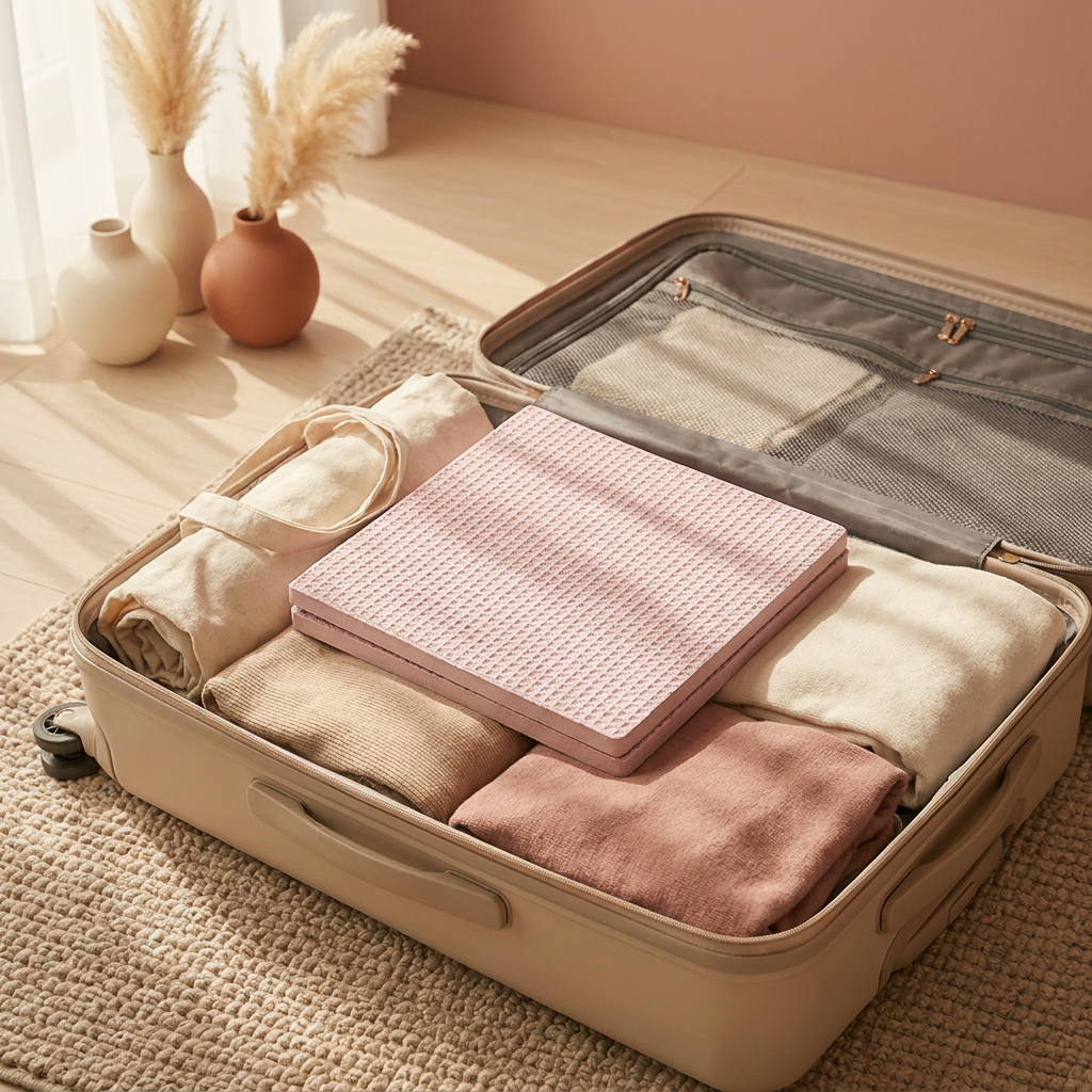 Vela X FlowFold travel yoga mat packed flat in a carry-on suitcase with cotton tote bag