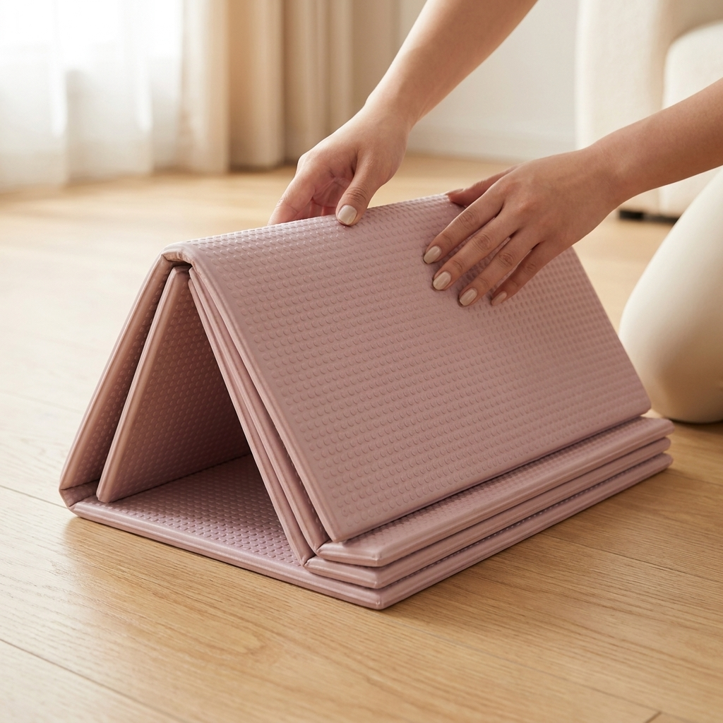 Hands folding the Vela X FlowFold yoga mat panel by panel — accordion design folds flat in seconds