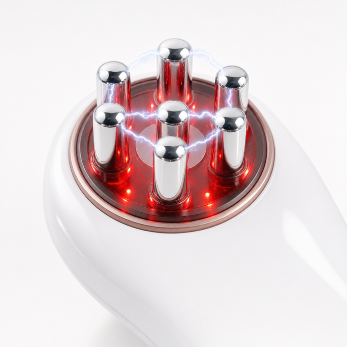 VelaX 5-in-1 treatment head — microcurrent electrodes with red LED