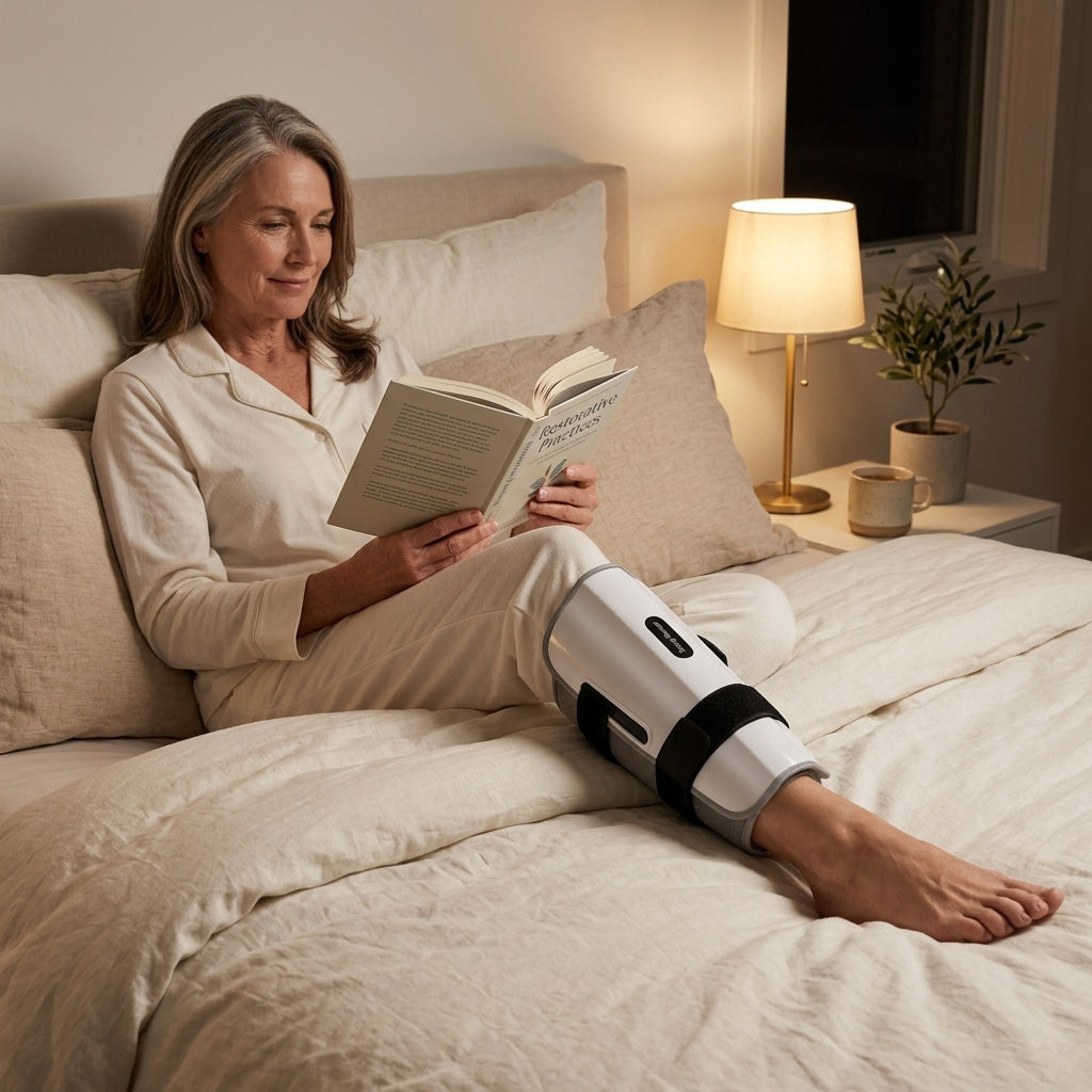 Mature woman reading in bed with VelaX calf therapy sleeve