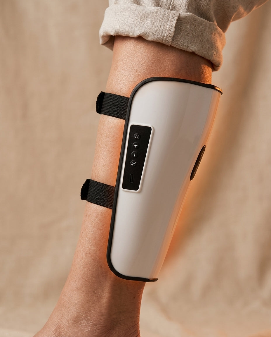 Close-up of VelaX calf sleeve with warm heat therapy glow