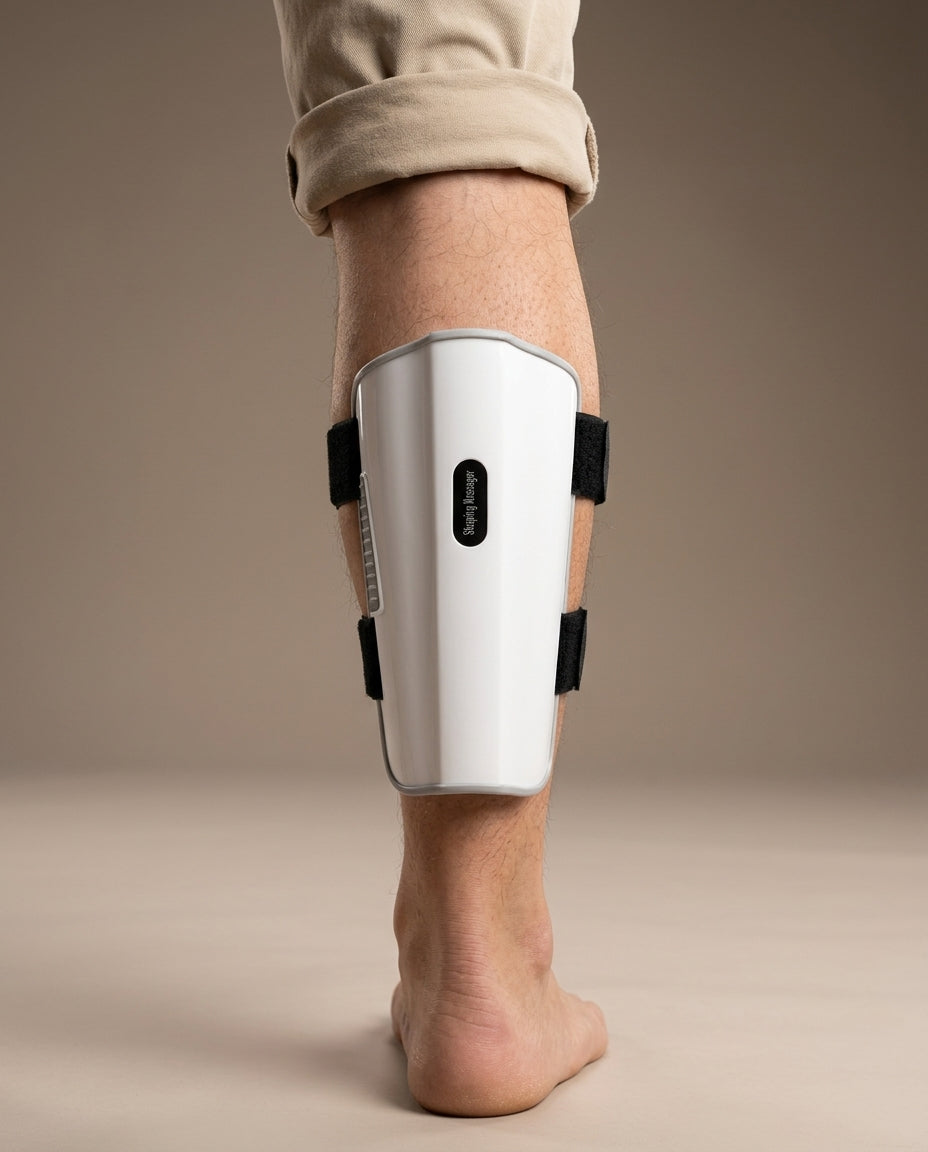 Close-up of VelaX calf sleeve showing EMS muscle stimulation