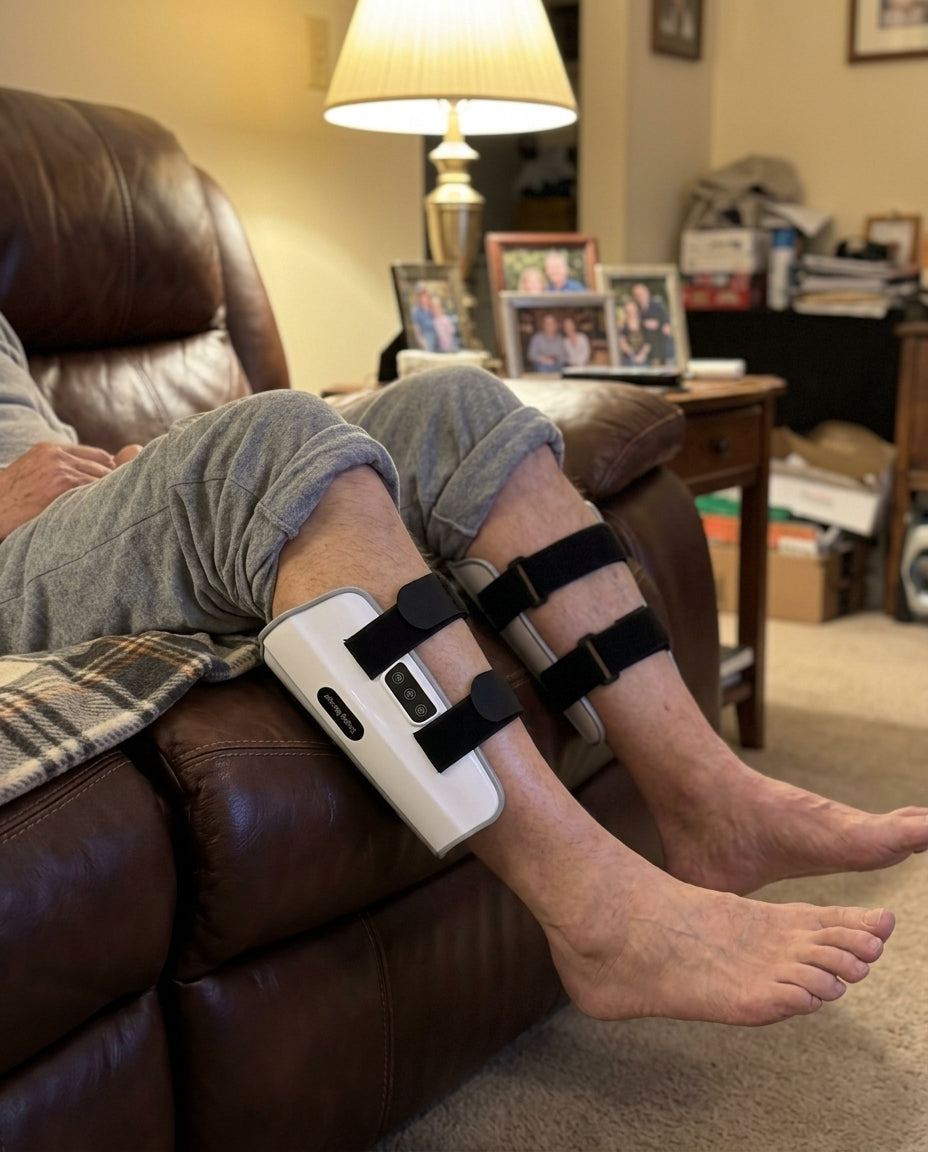 Robert M. customer photo of VelaX sleeves on both calves in recliner