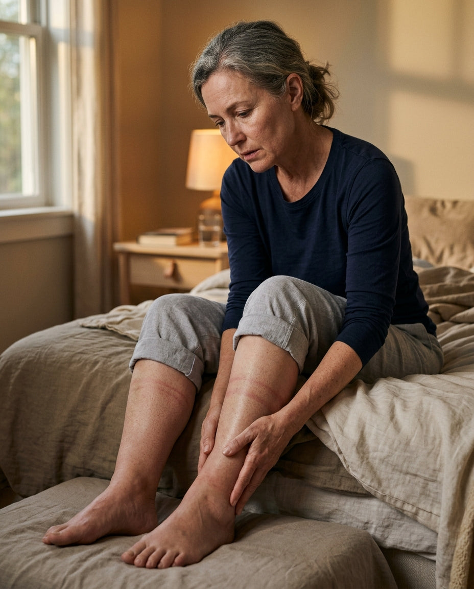 Woman with swollen legs at the end of the day