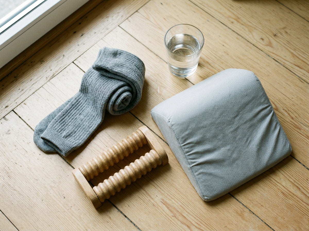 Compression socks, a foot roller, an elevation pillow and a glass of water