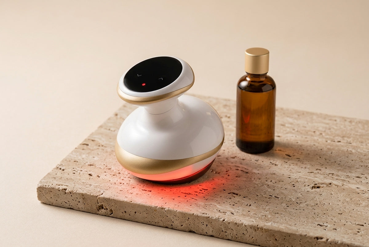 Vela X SculptFlow device with red-light glow and body oil