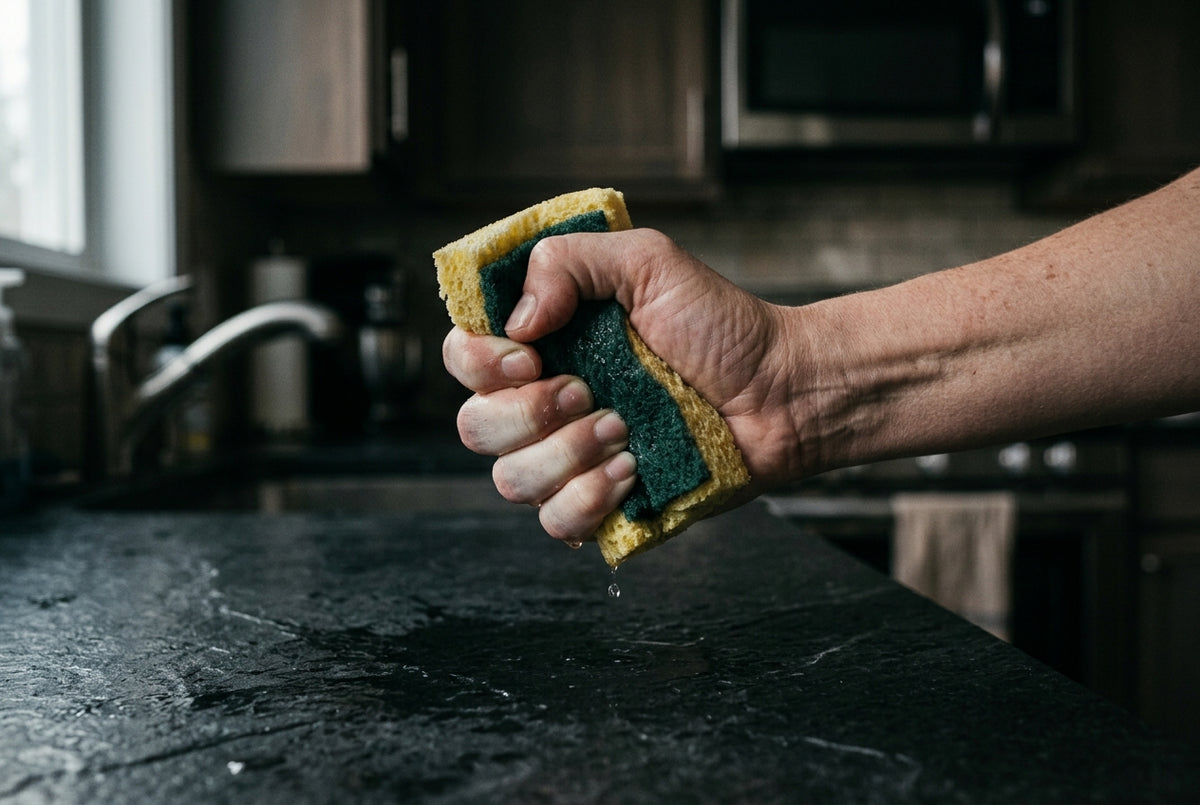 A hand clamping a soaked sponge with water still trapped inside