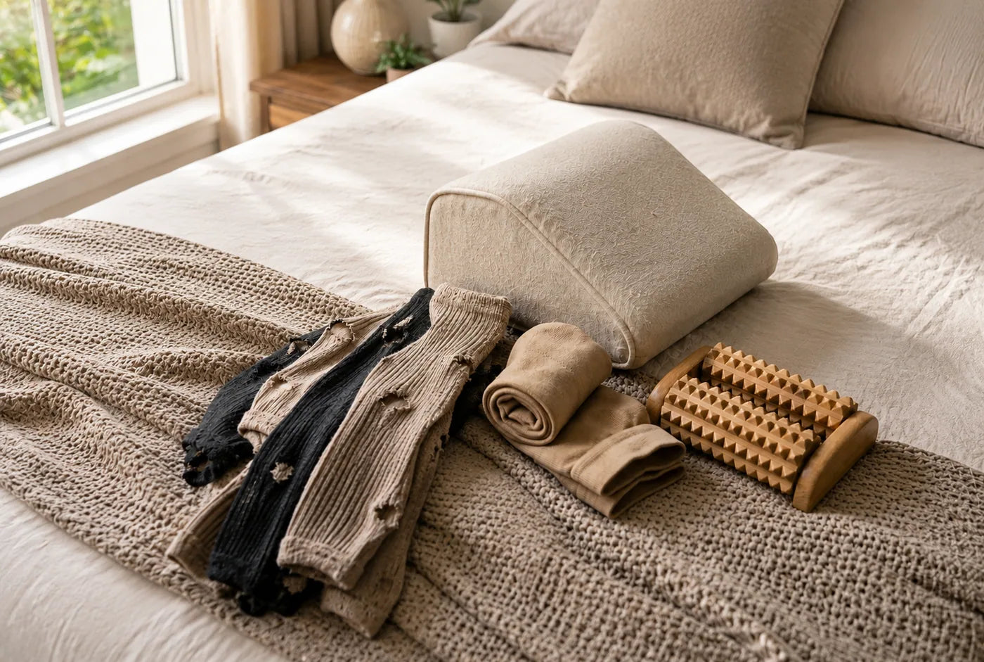 Worn-out socks with holes, rolled compression stockings, an elevation pillow and a wooden foot roller on a bed