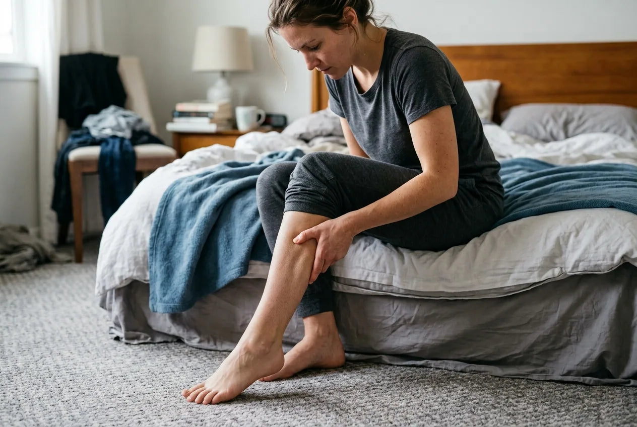 A woman sitting on the edge of her bed, one hand resting on the back of her calf muscle