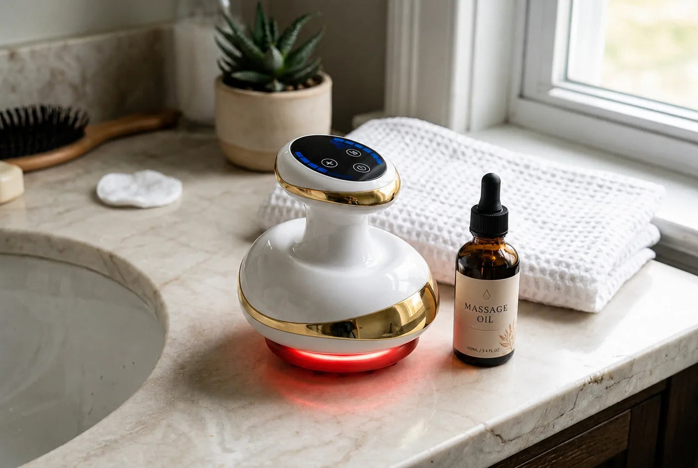 The white-and-gold SculptFlow handheld cupping massager on a bathroom counter, red-light base glowing, beside a bottle of massage oil
