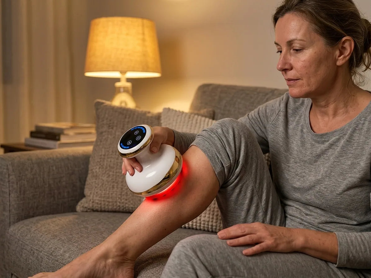 Woman sitting on her sofa gliding the SculptFlow device up her calf, red-light base glowing