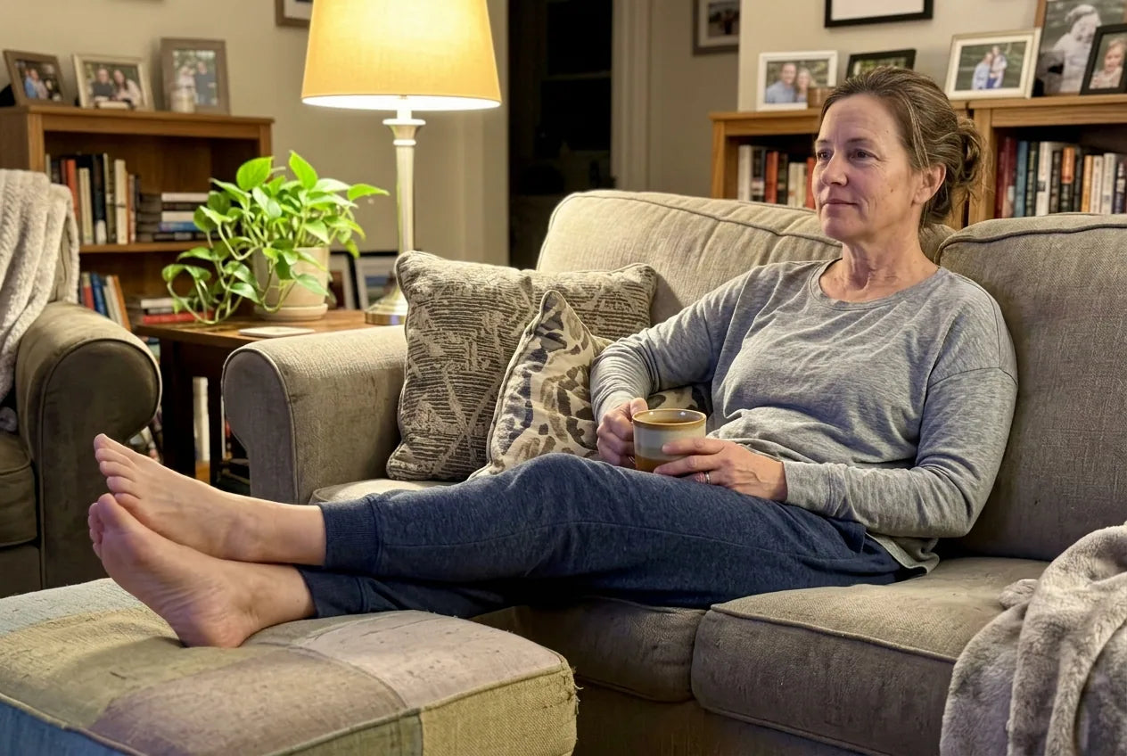 A relaxed woman in the evening with her legs up on an ottoman, ankles looking comfortable and normal