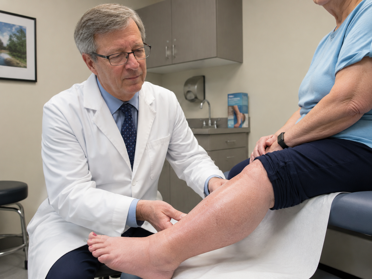 Dr. Hayes examining a patient's swollen lower leg